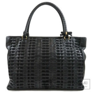 Salvatore Ferragamo Vara Bow Crocodile Leather Logo Plaque Scaled Tote Bag Black